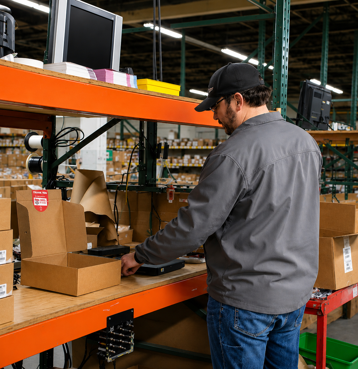 A warehouse worker preparing components at a packing workstation