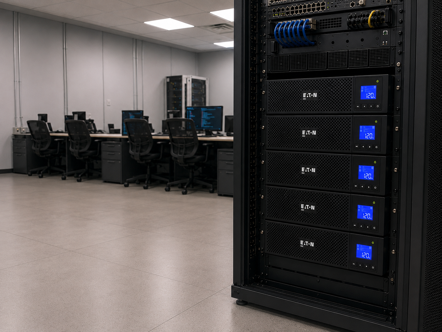 Rack-mounted power equipment in a commercial server room