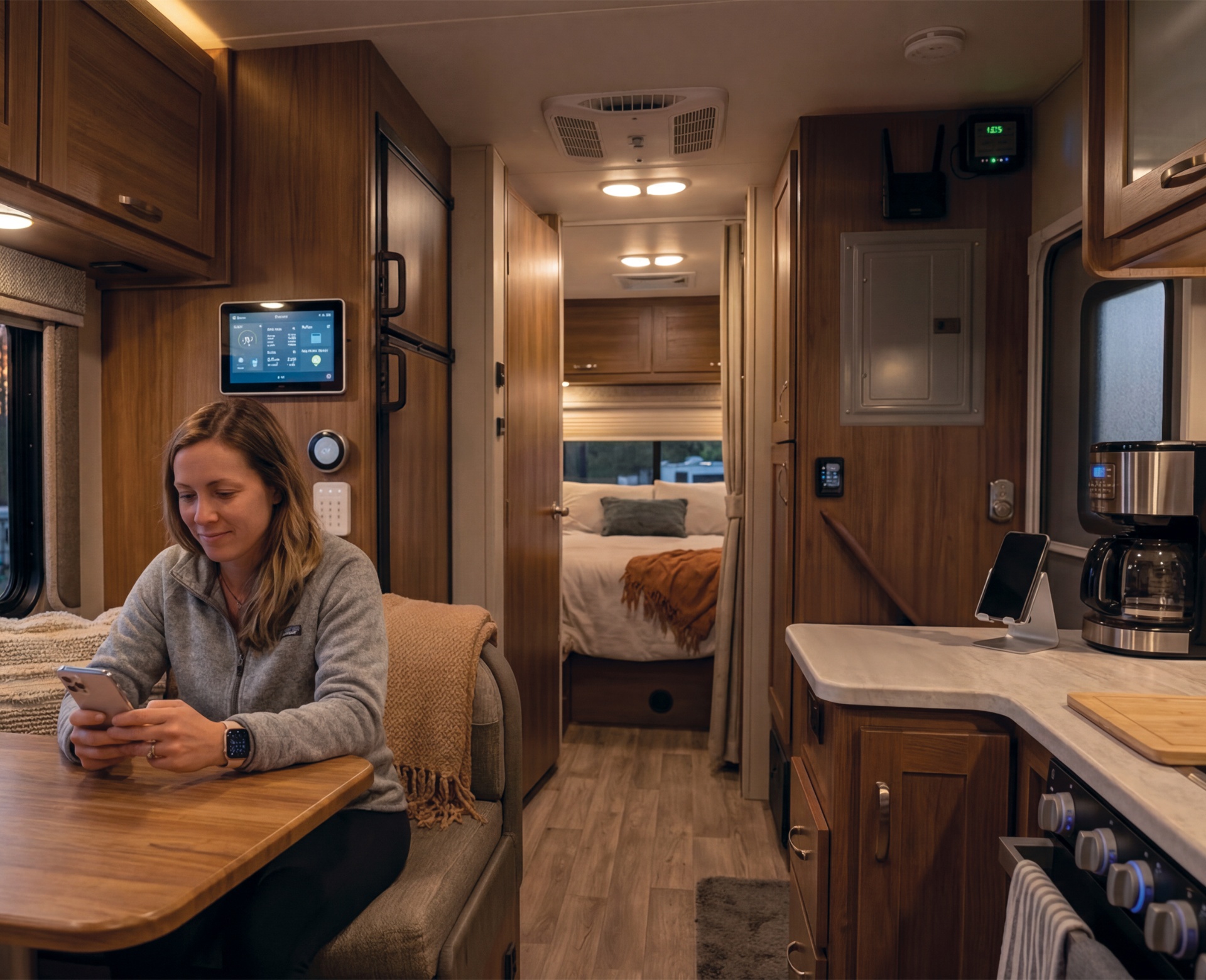 Person using a smartphone at a dinette inside an RV