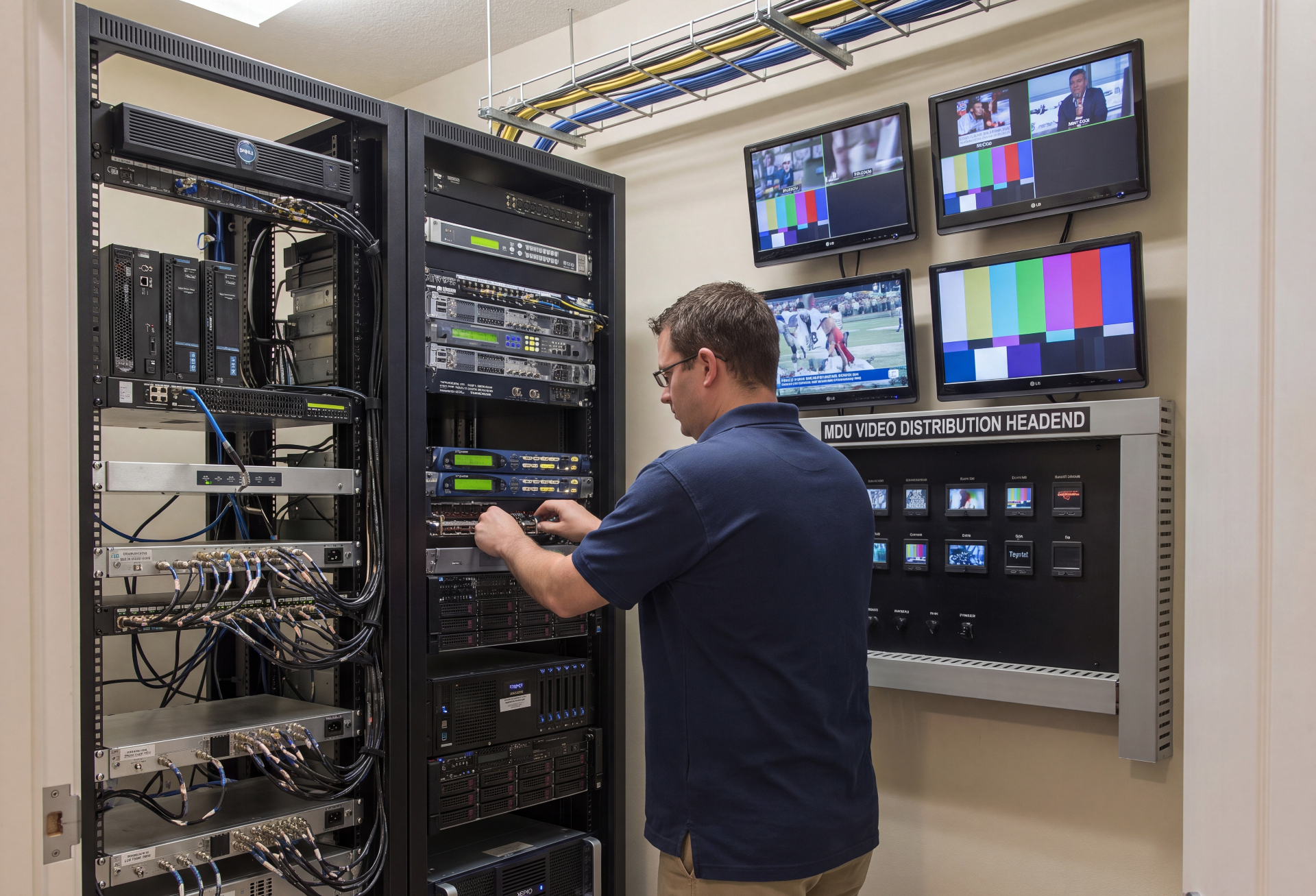 Technician configuring a commercial video distribution headend