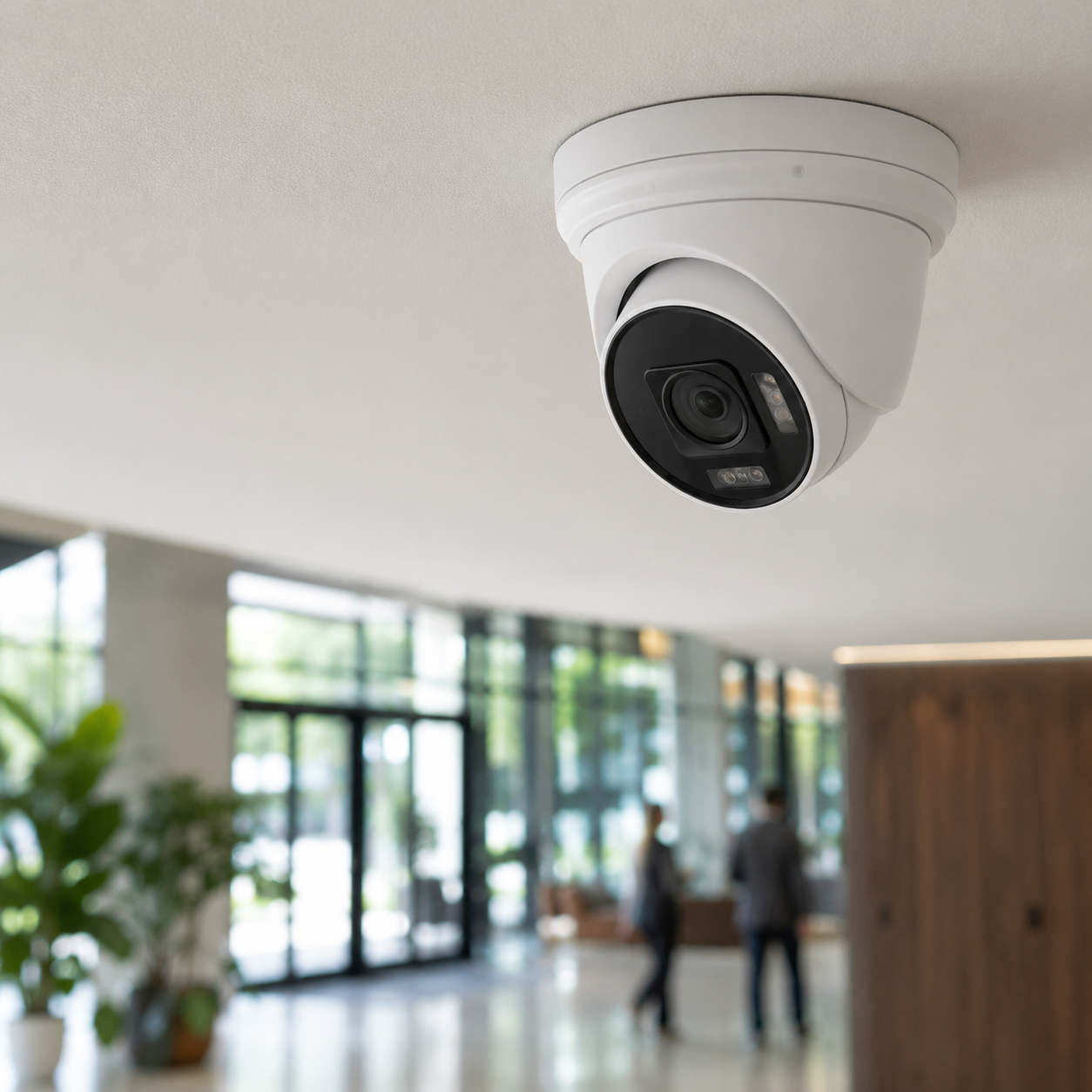 Commercial security camera mounted inside a building