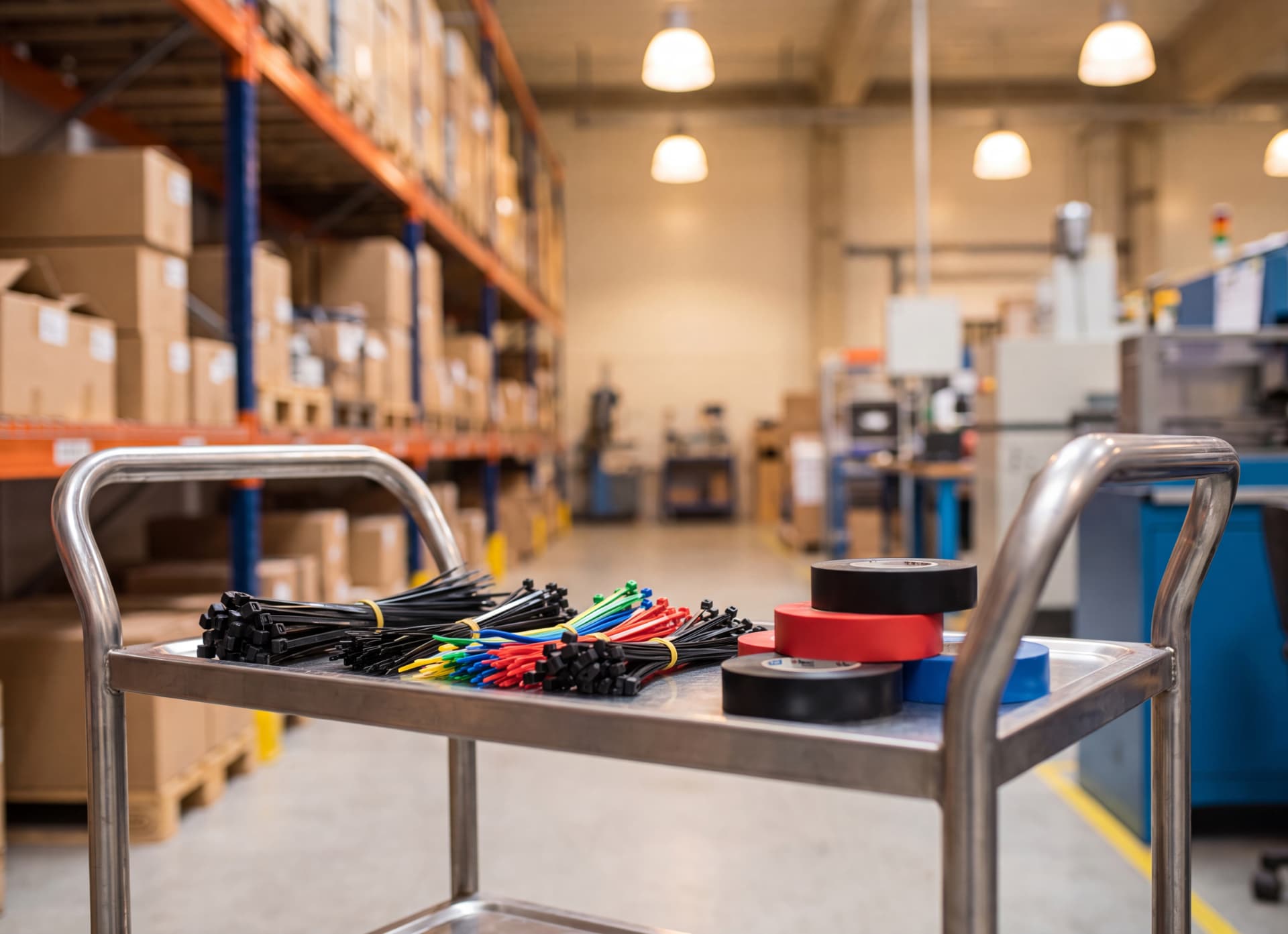 Installation consumables arranged on a cart in a warehouse