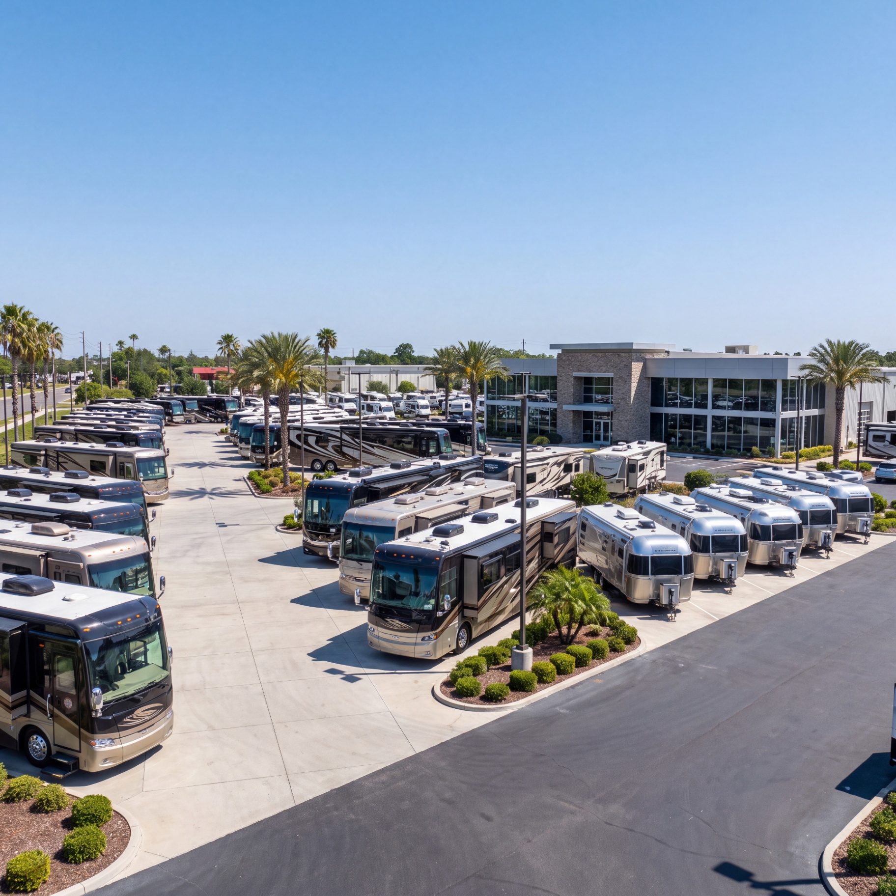 Aerial view of an RV dealership lot filled with motorhomes and travel trailers