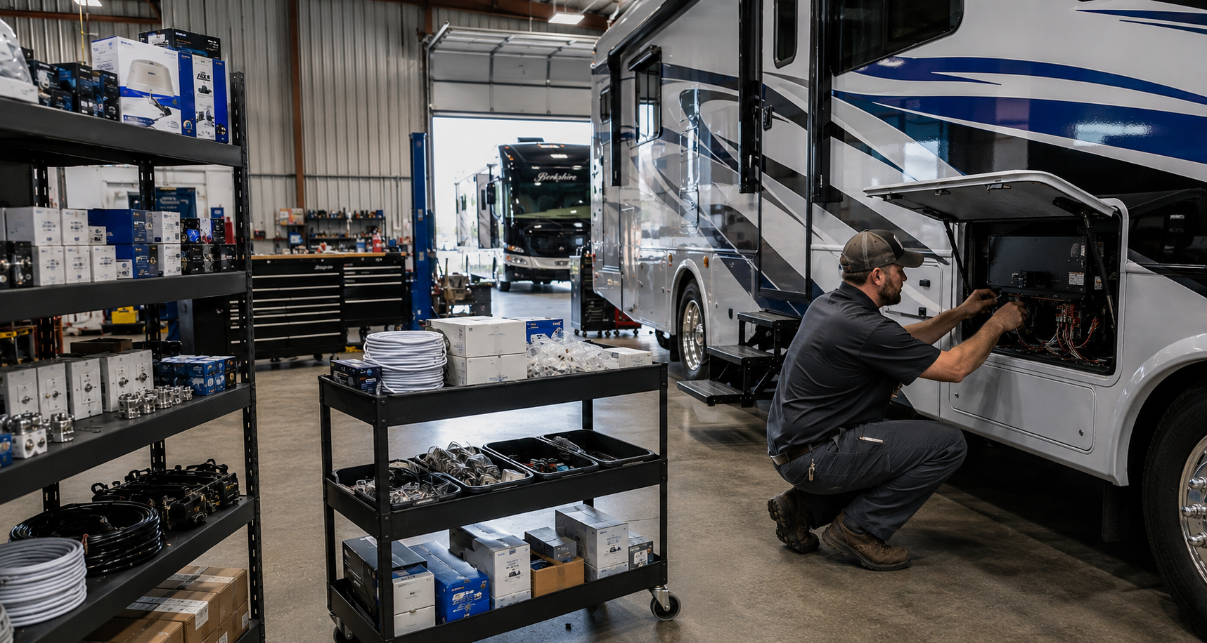 Technician servicing a motorhome in a stocked RV workshop