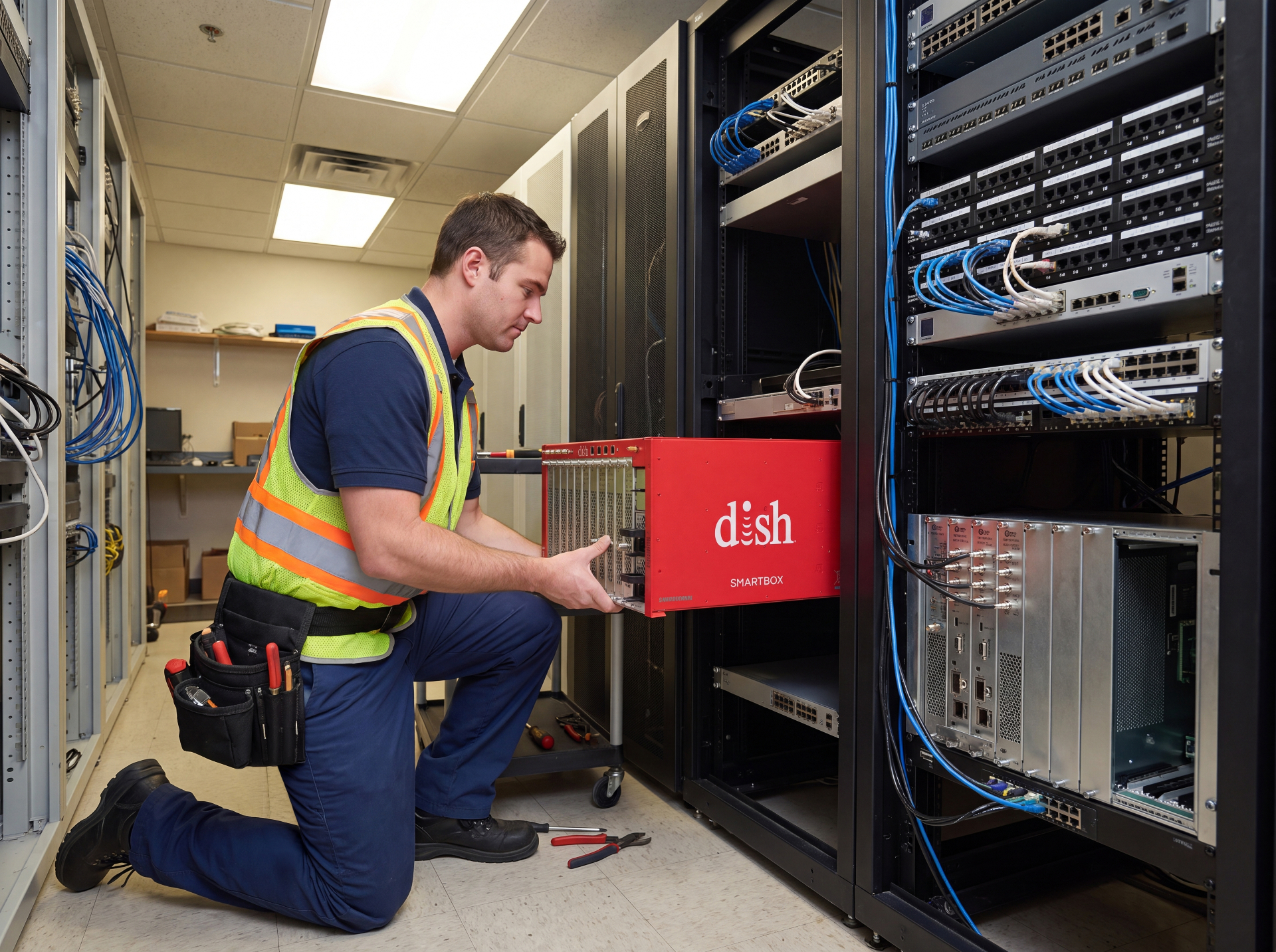 Technician installing a DISH Smartbox in a commercial equipment rack