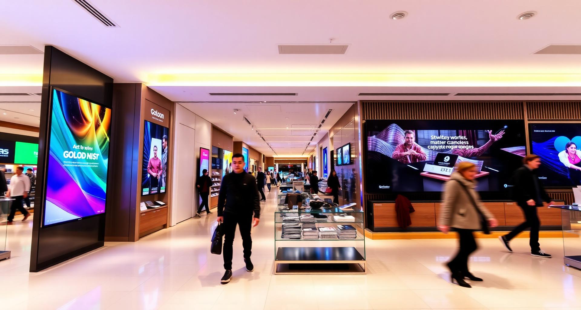 Shoppers walking through a mall lined with digital advertising displays
