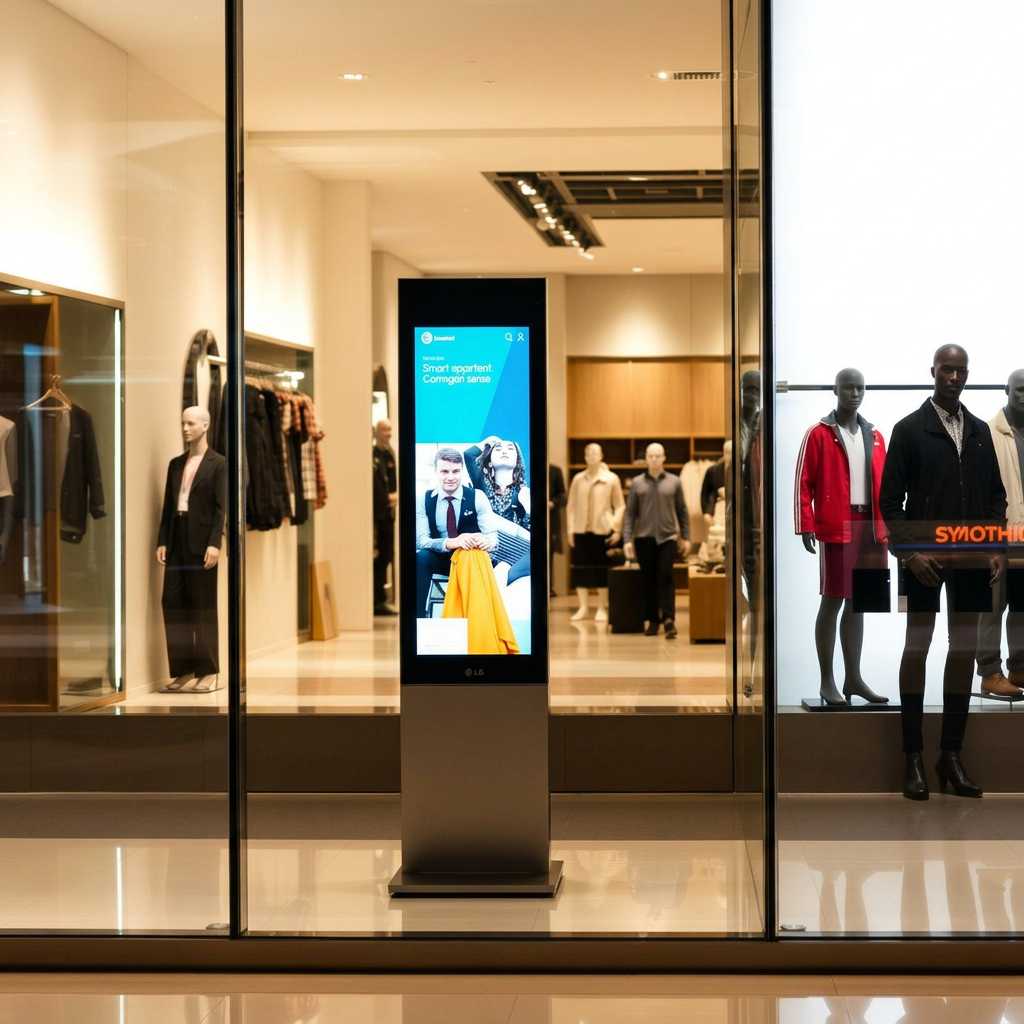 Freestanding digital sign inside a clothing store