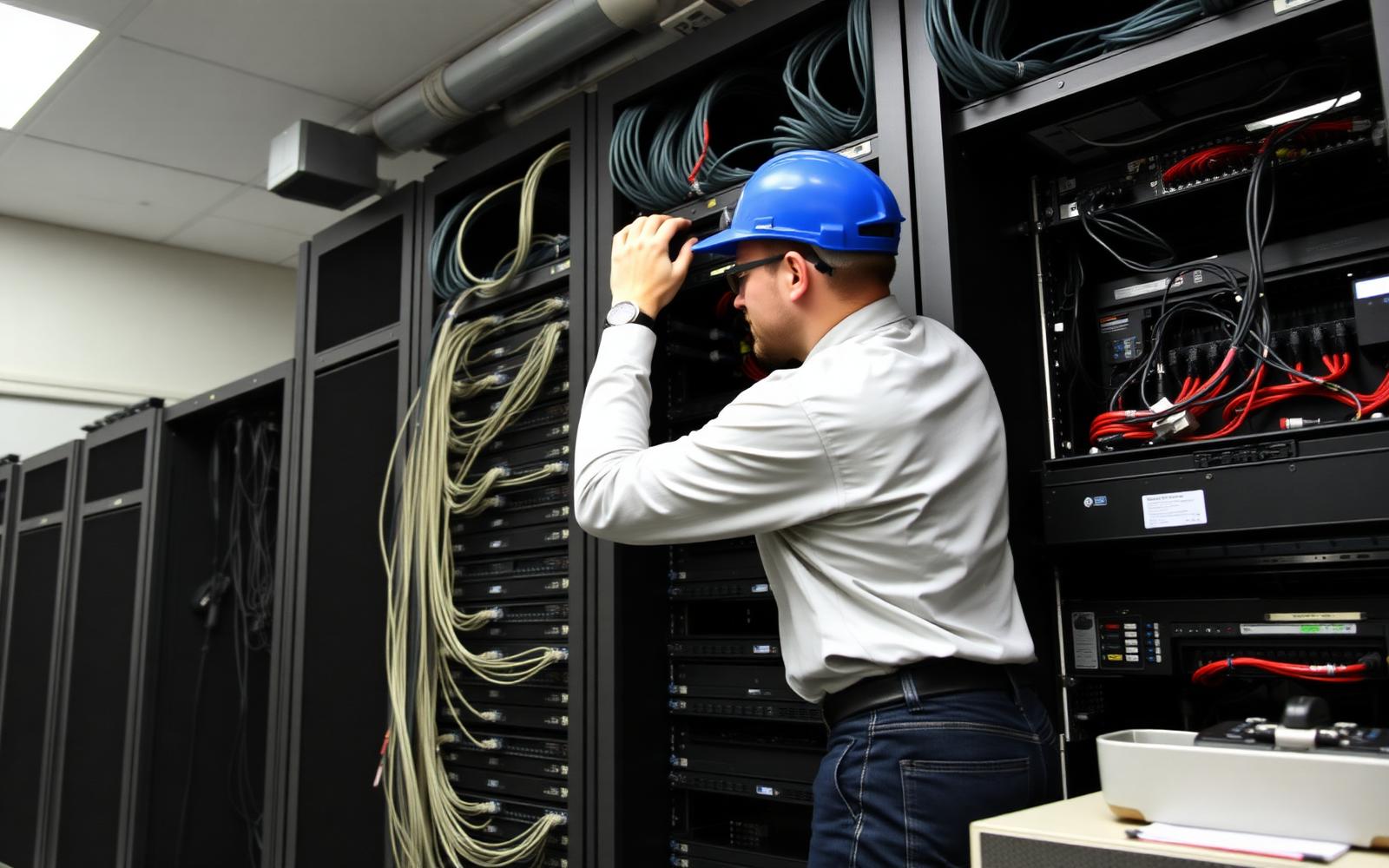 Technician connecting network cables in a server room
