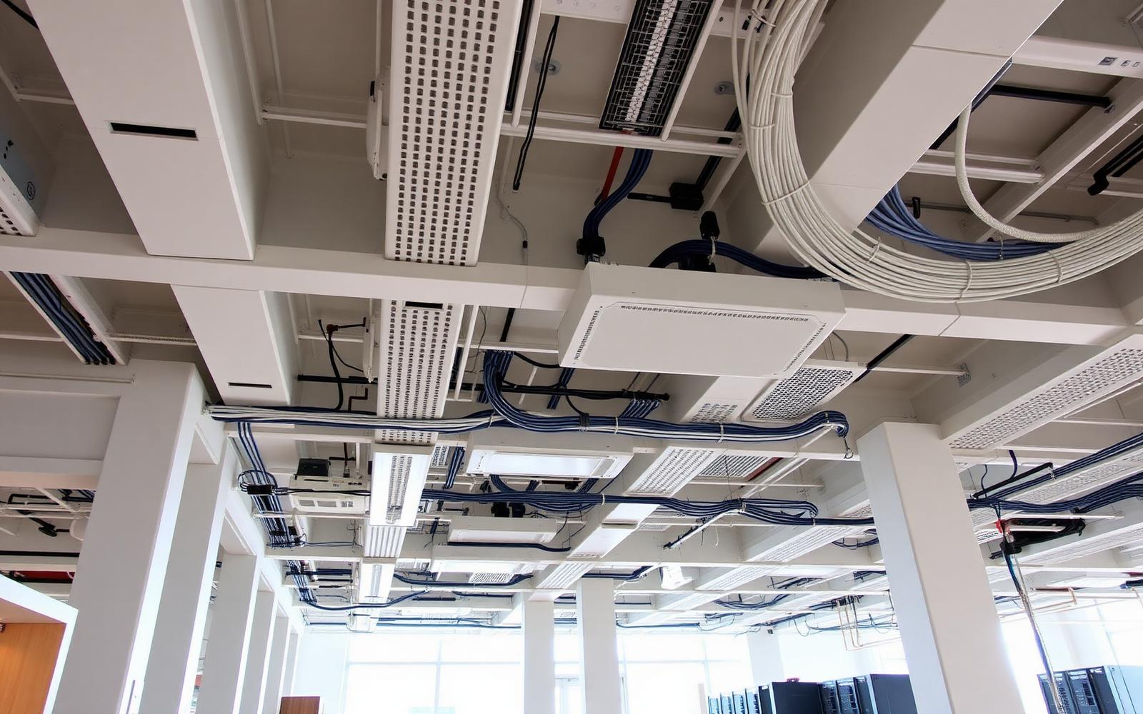 Cable trays, conduit, and ceiling infrastructure in an unfinished building interior