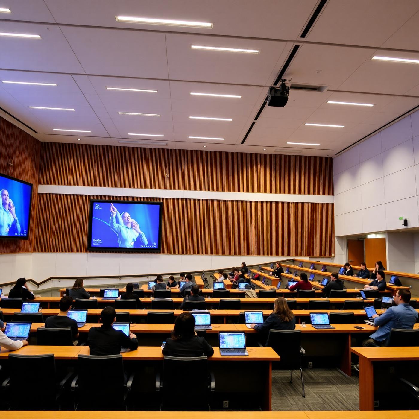 Students seated in a university lecture hall facing large presentation screens