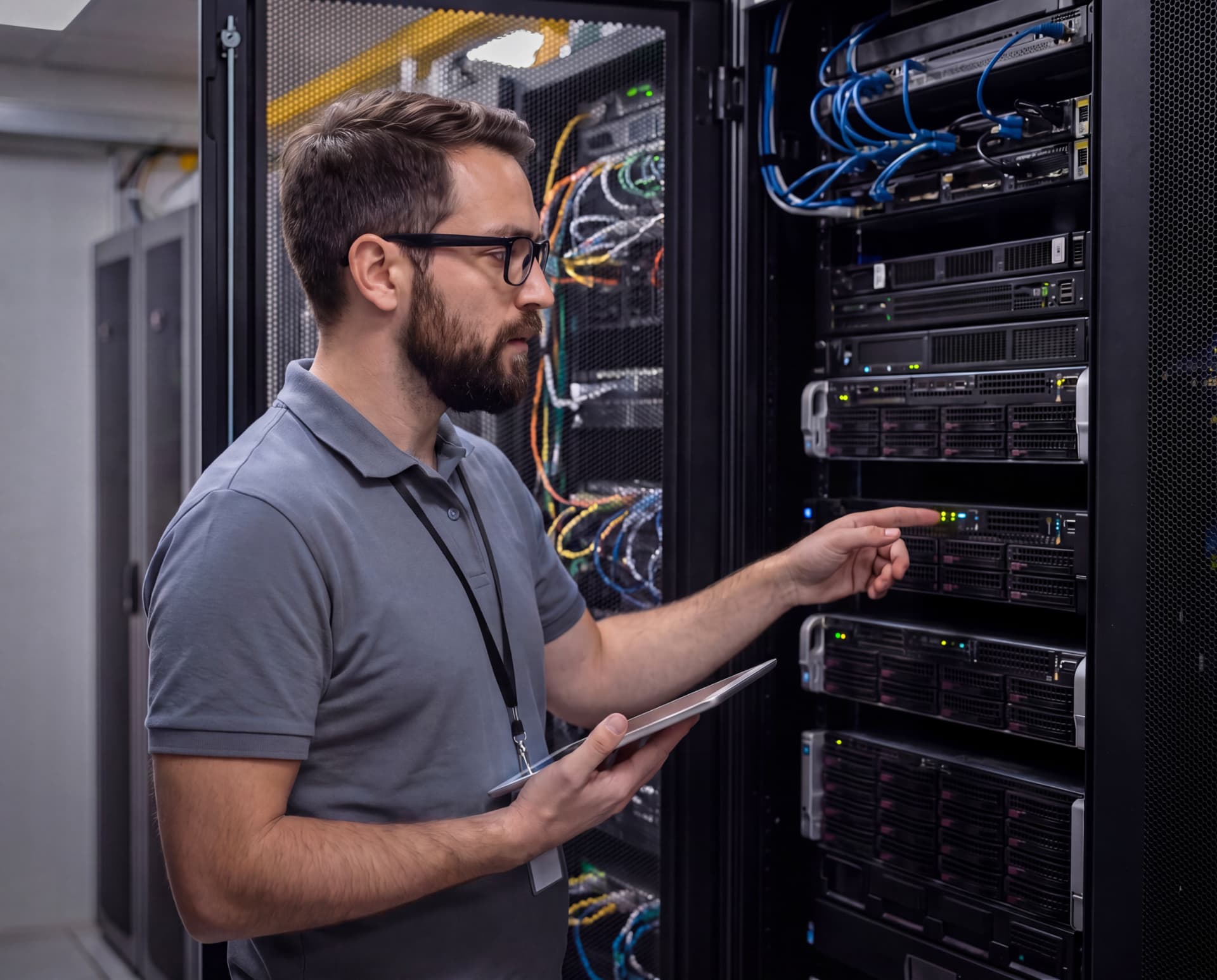 Technician managing enterprise networking equipment in a server room
