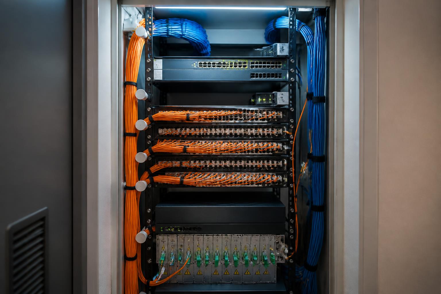 Open network rack with patch panels and bundled Ethernet cables