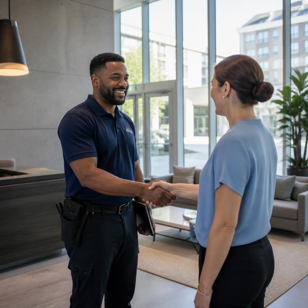 Two people shaking hands in a residential common area