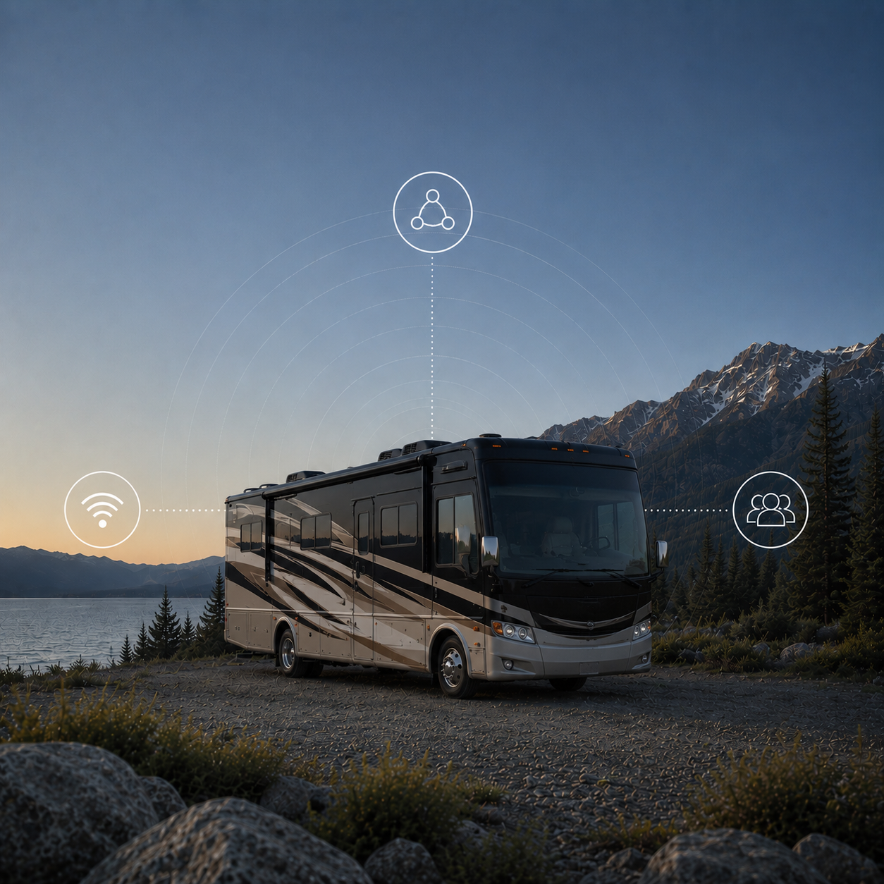 Motorhome parked beside a mountain lake with mobile connectivity icons