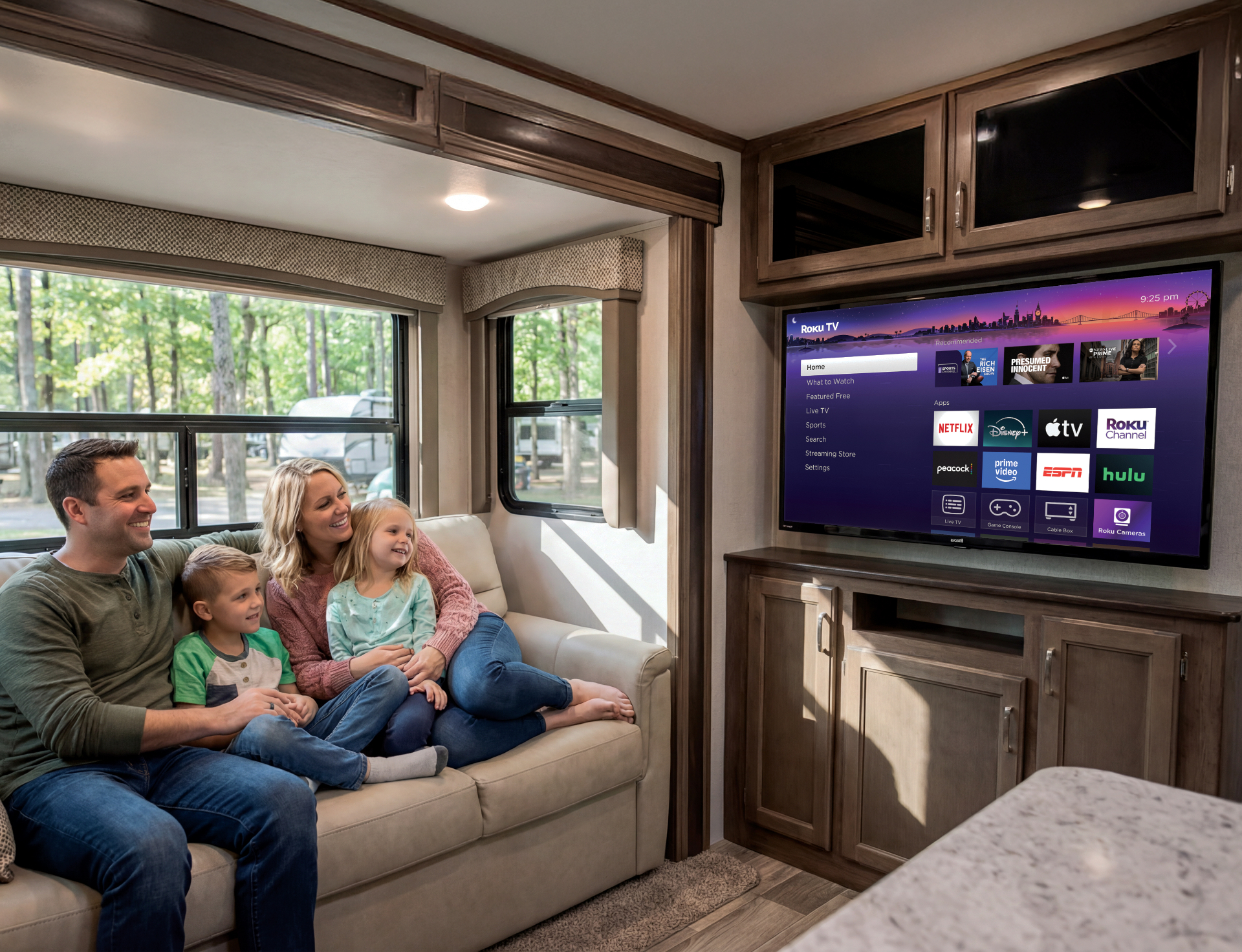 Family watching a wall-mounted television inside an RV