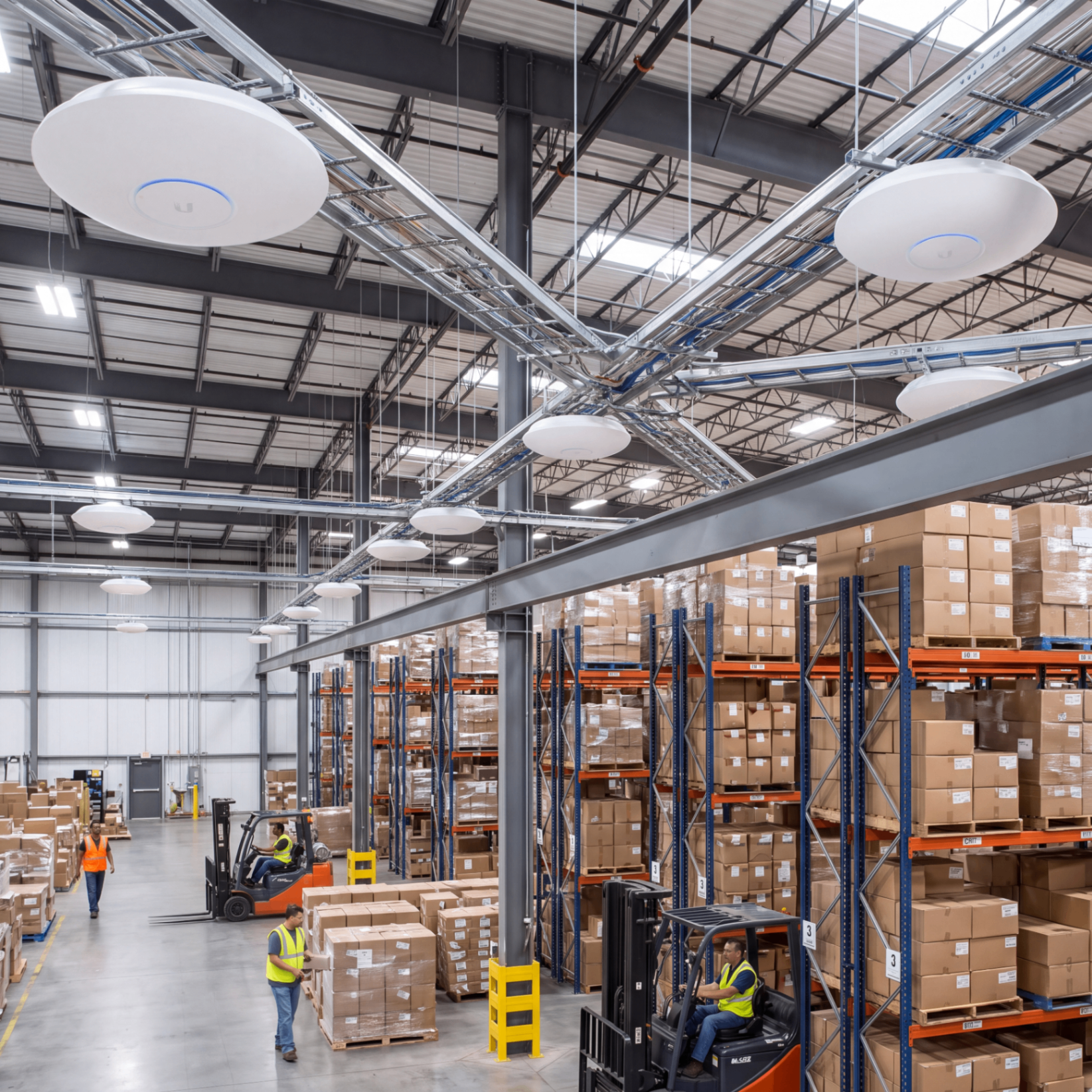 Worker walking between shelves of boxed inventory in a warehouse