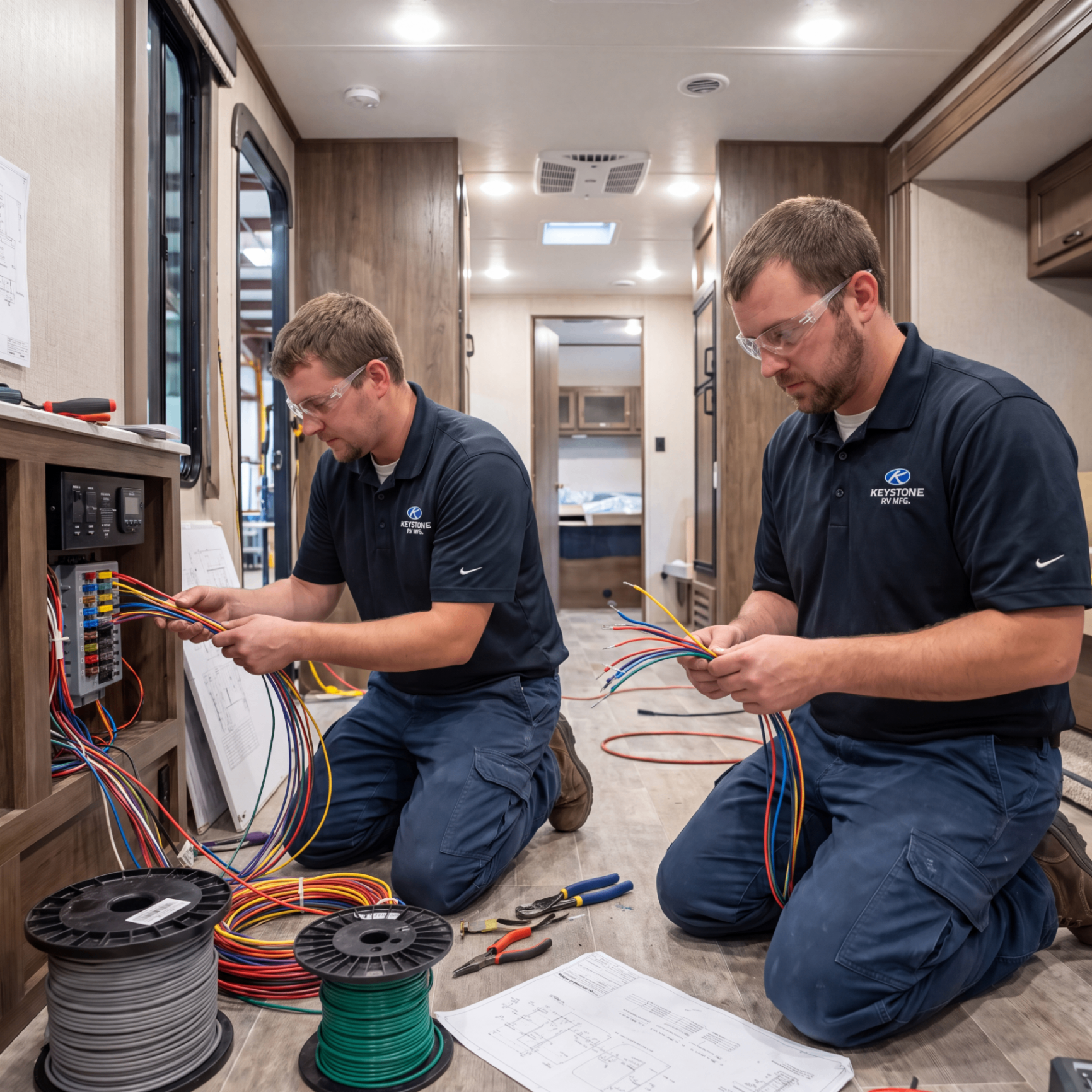 Technicians installing connectivity components inside an RV during manufacturing