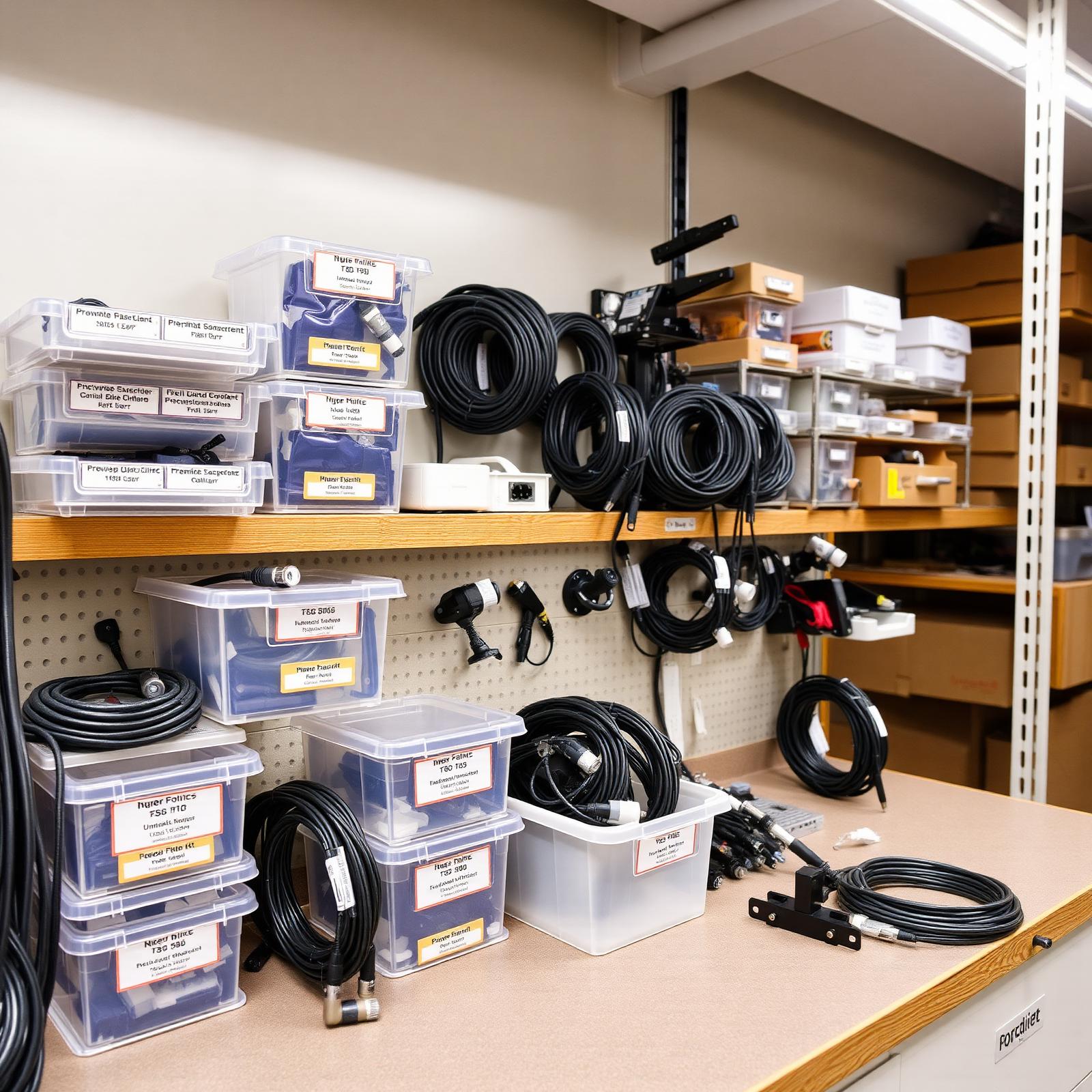 Workshop shelves stocked with labeled bins, coiled cables, connectors, and boxes