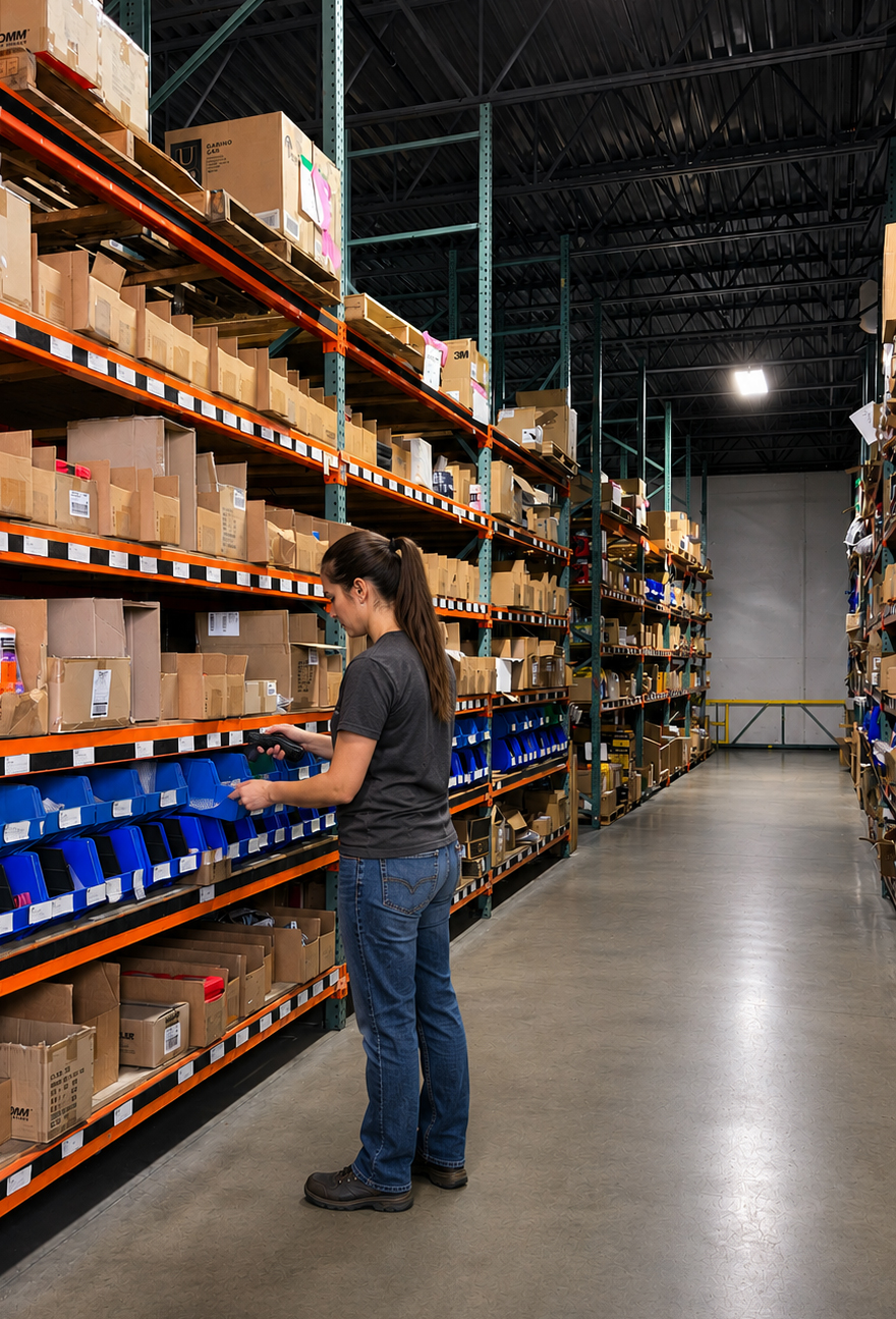 A warehouse worker selecting inventory from storage bins