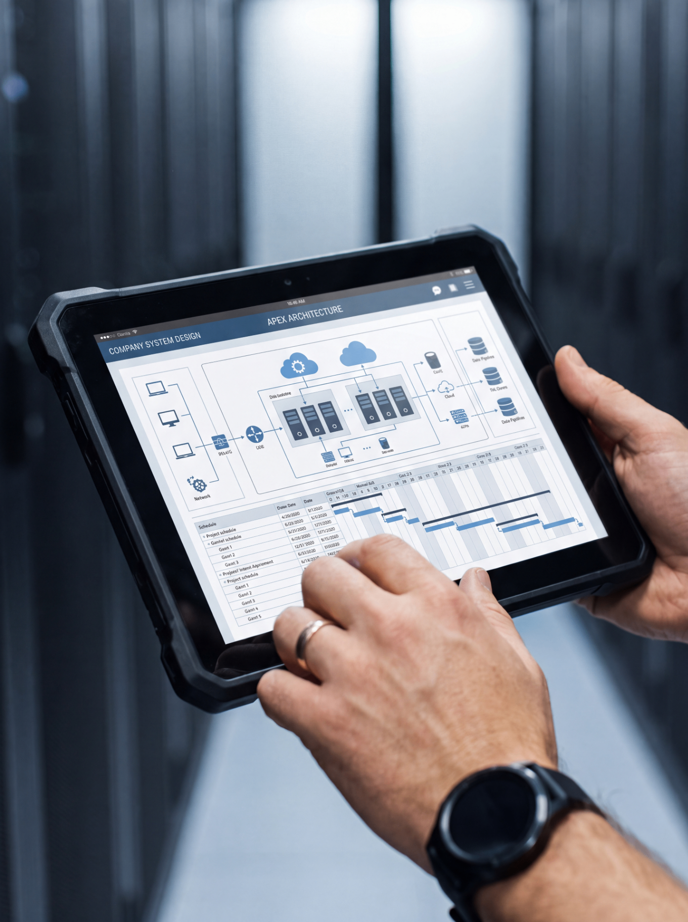 A person reviewing a system architecture diagram on a rugged tablet in a server room