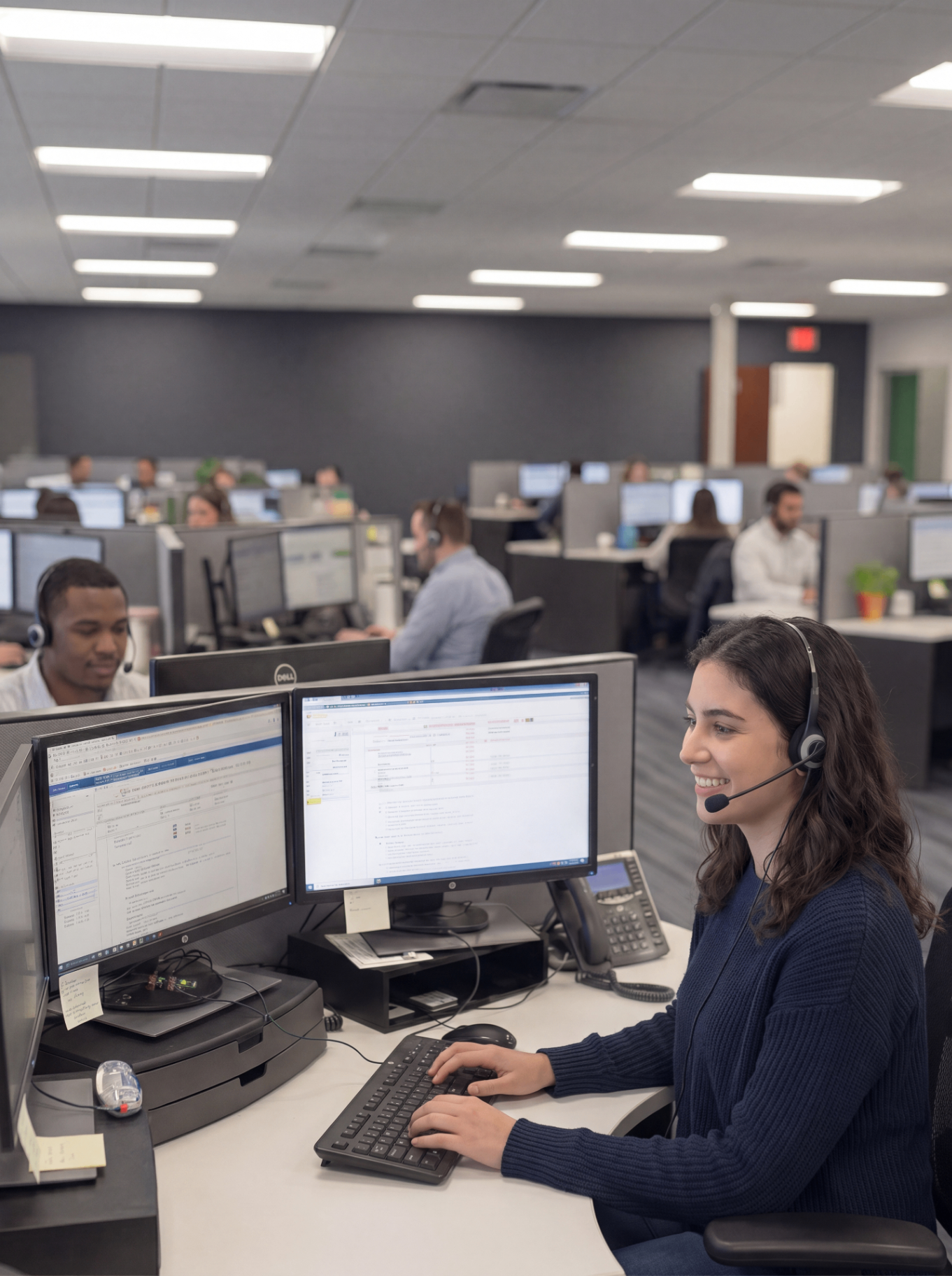 A headset-wearing technical support specialist at a dual-monitor workstation