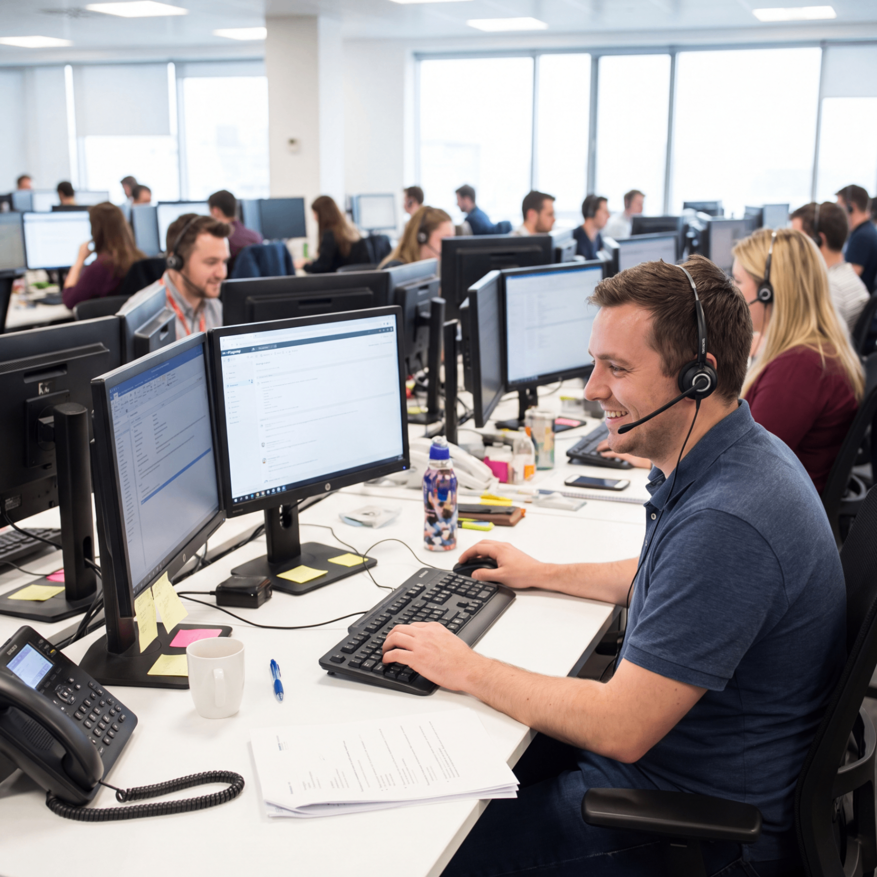 Pace International team members wearing headsets and working at computer stations in an open office