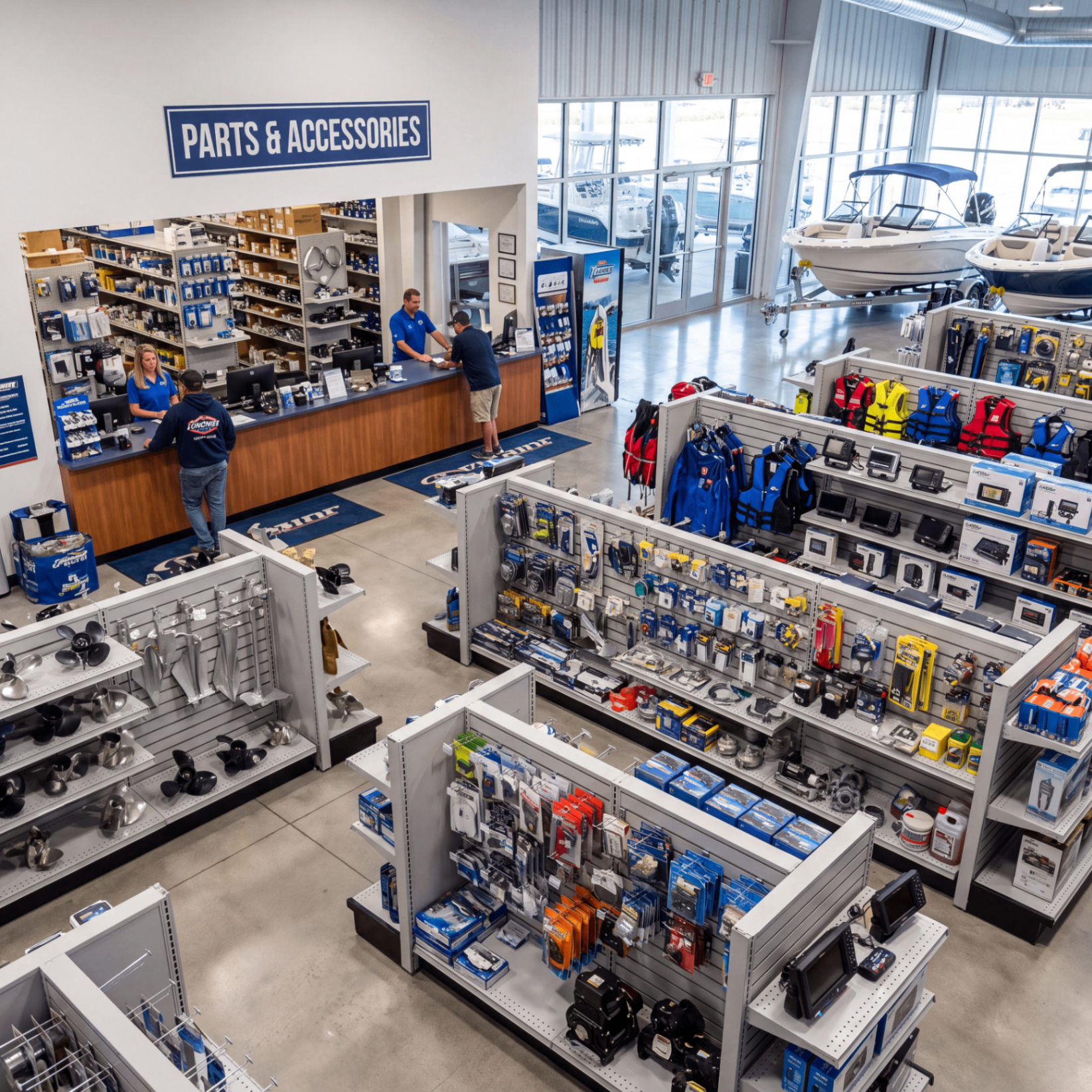 Customers and staff inside an RV parts and accessories store
