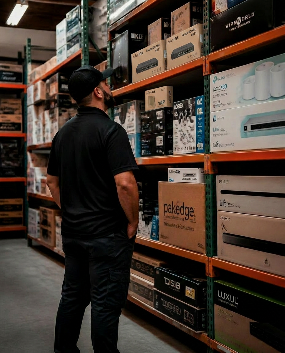 Worker walking down a Pace International warehouse aisle stocked with boxed inventory
