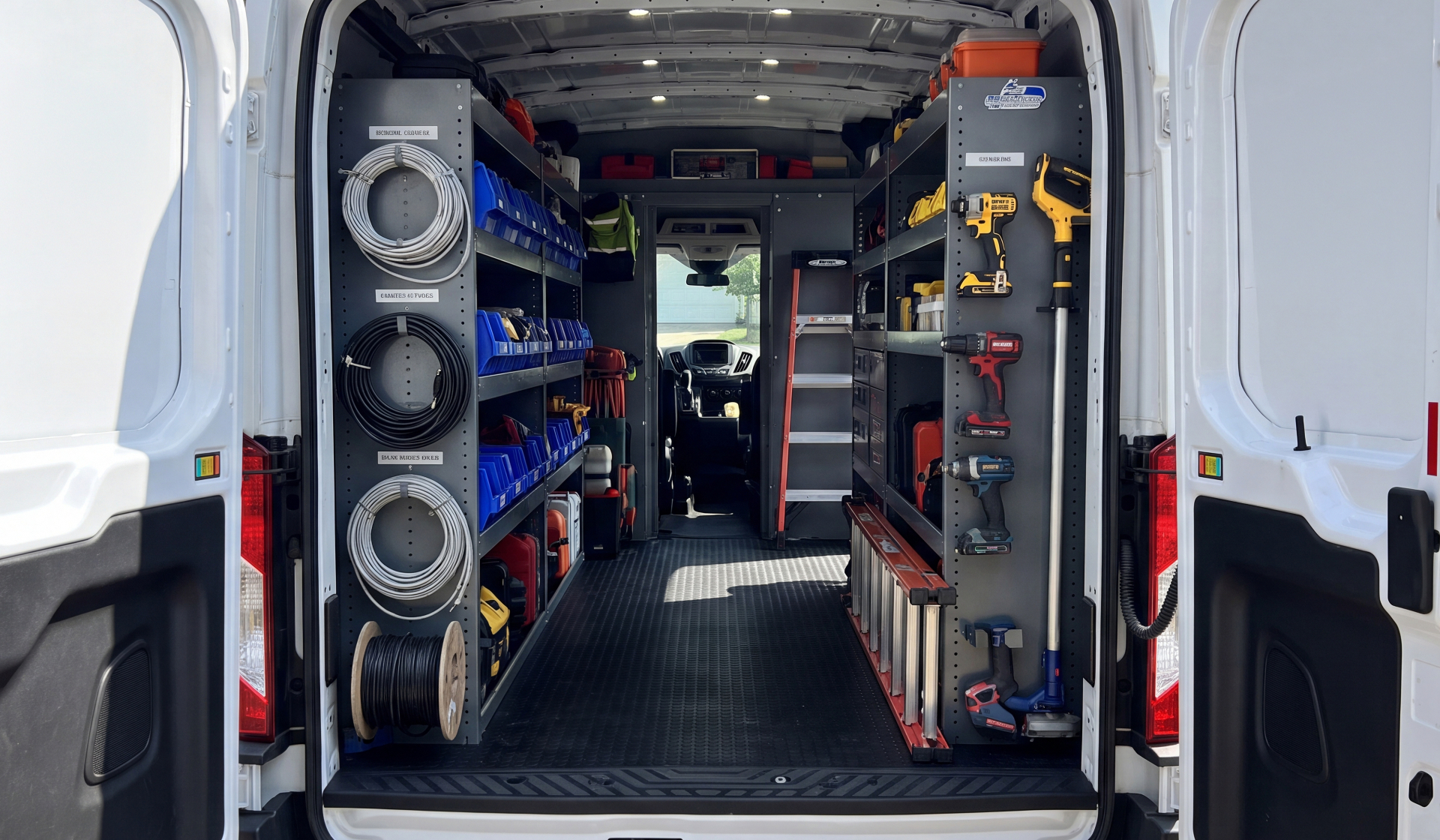 Service van interior organized with tools, cables, and equipment