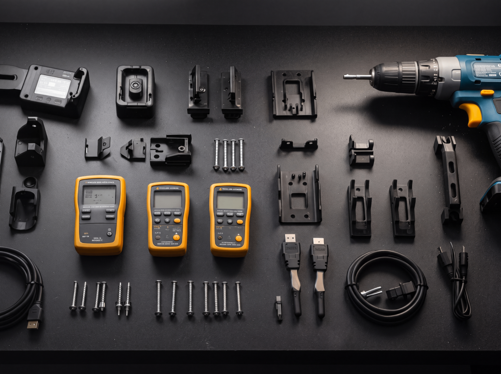 Field service tools and electronic test equipment arranged on a work surface