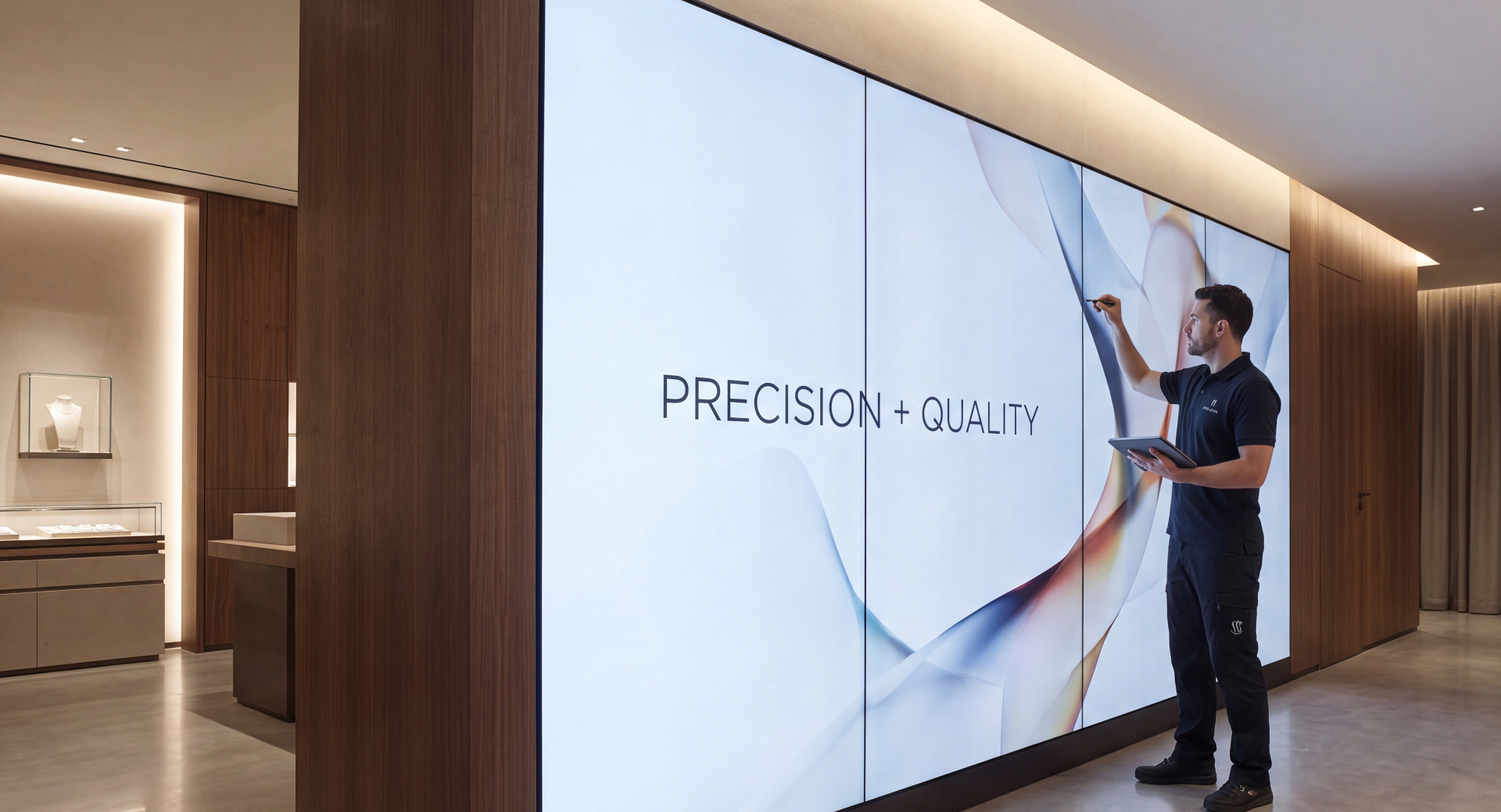 Retail employee using a large interactive digital display