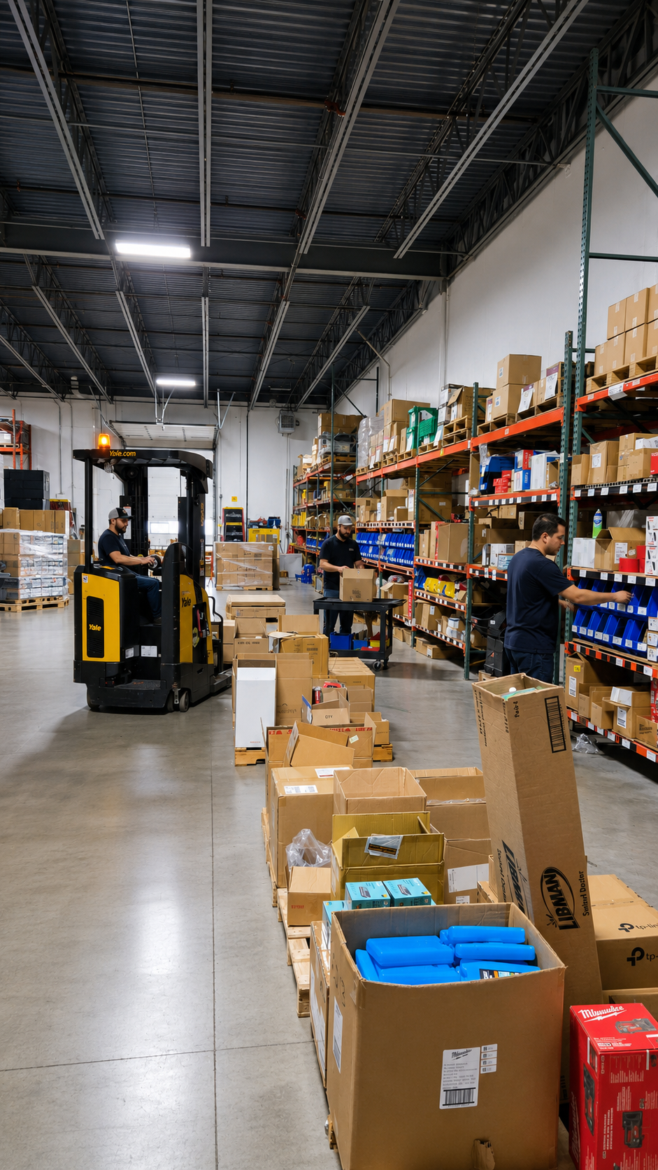 Warehouse team members preparing inventory near a forklift and storage racks