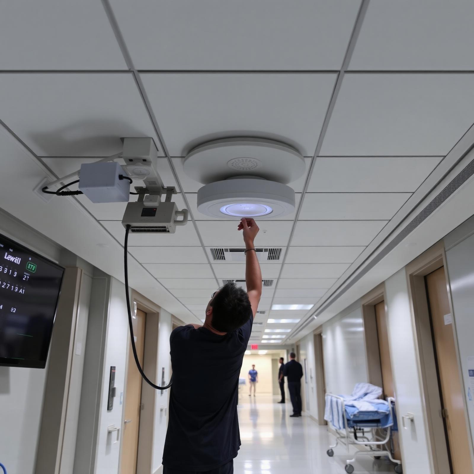 Technician reaching toward a ceiling-mounted wireless access point in an occupied hallway